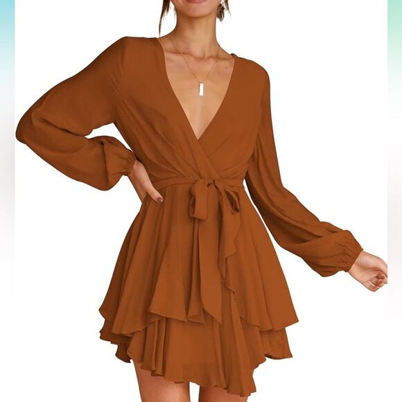 Women's Dress Deep V-Neck Long Sleeve Waist Tie Ruffle Mini Swing Skater Dress - Picture 4 of 6